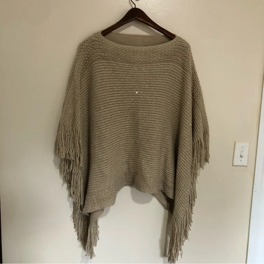 Tan knitted metallic gold fringe hem poncho